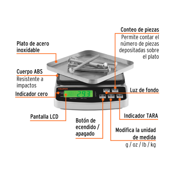 Balanza Electronica de Precision 3Kg Truper BASE-3 Recargable - Imagen 2