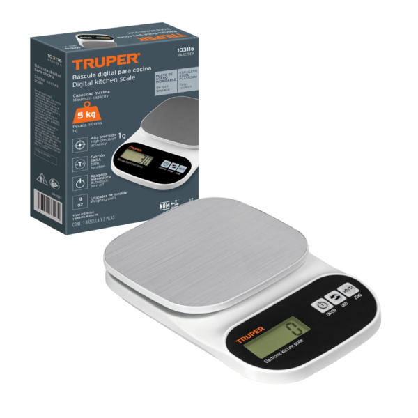 Balanza Digital de Cocina 5Kg Truper BASE-5EA Plato de Acero